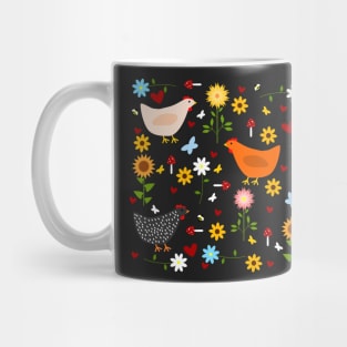 Chickens in the Garden with Sunflowers, Daisies, Dahlias, Hearts, and Mushrooms Mug